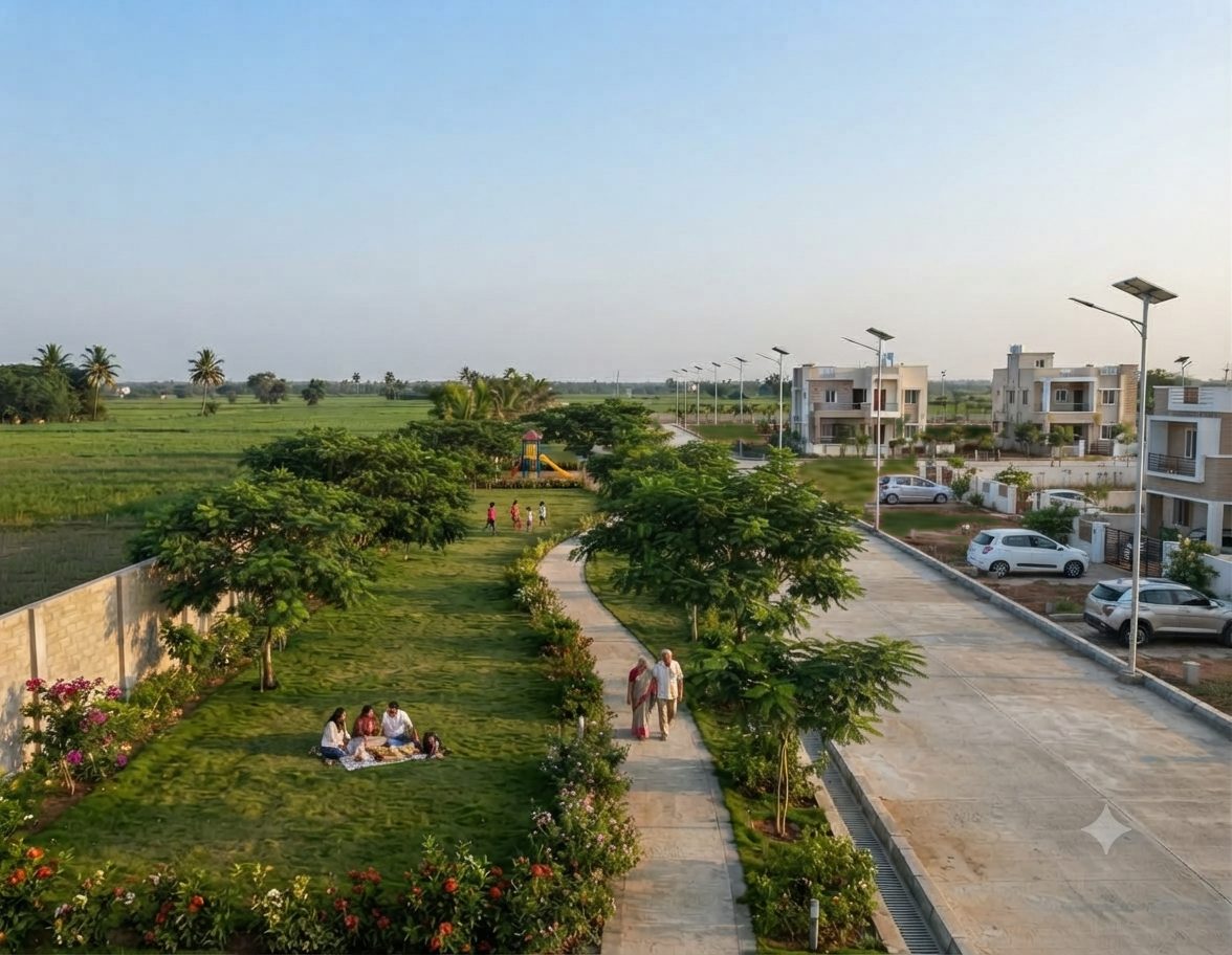 The landscaped park strip along the west edge of the layout
